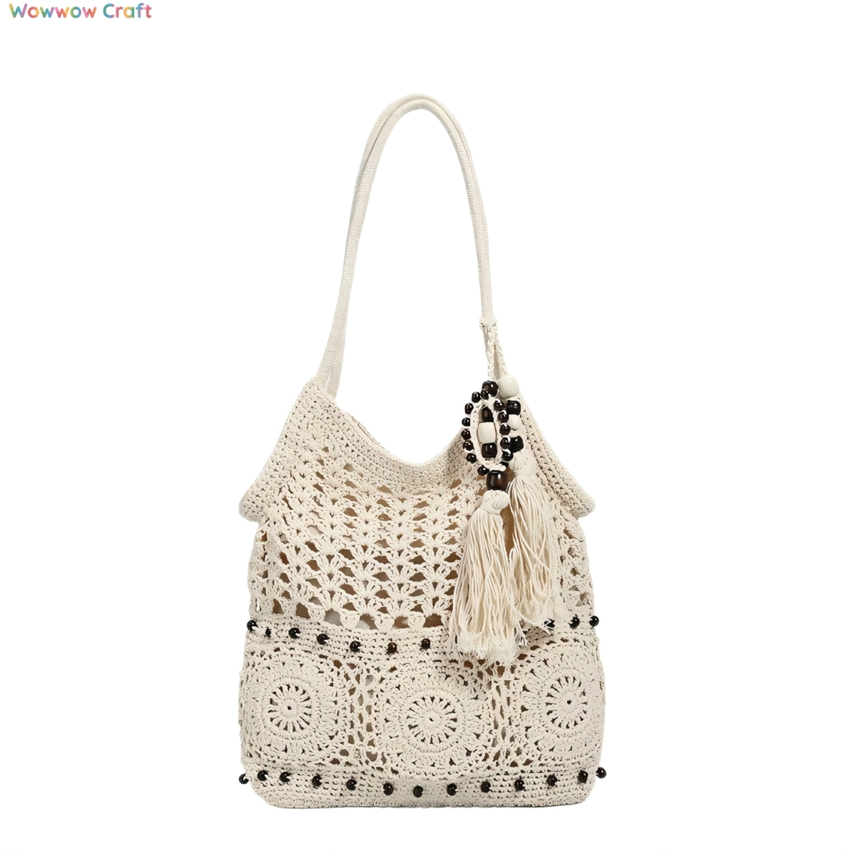 Shoulder Bags,Totes,Crochet Bags,Wooden Bead Tassel Crocheted Shoulder Bag - Handmade Crocheted Bag